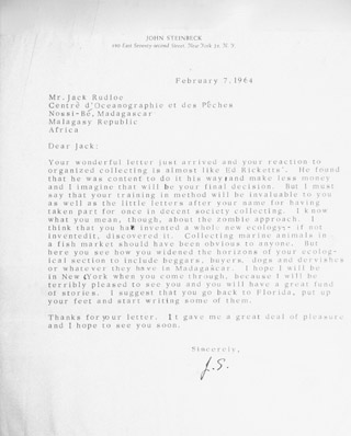 John Steinbeck letter to Jack Rudloe Gulf Specimen Marine Aquarium